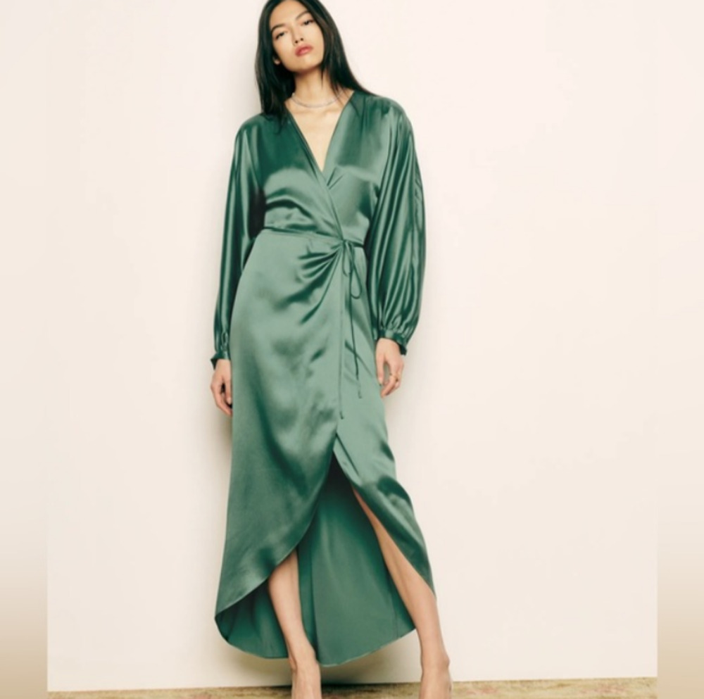 Reformation Gilbert Silk Green Wrap Midi Dress Womens L Wedding Guest Party NWT
